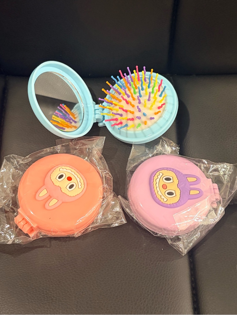 3pcs Compact Folding Hair Brush with Mirror - Blue, Pink, Purple